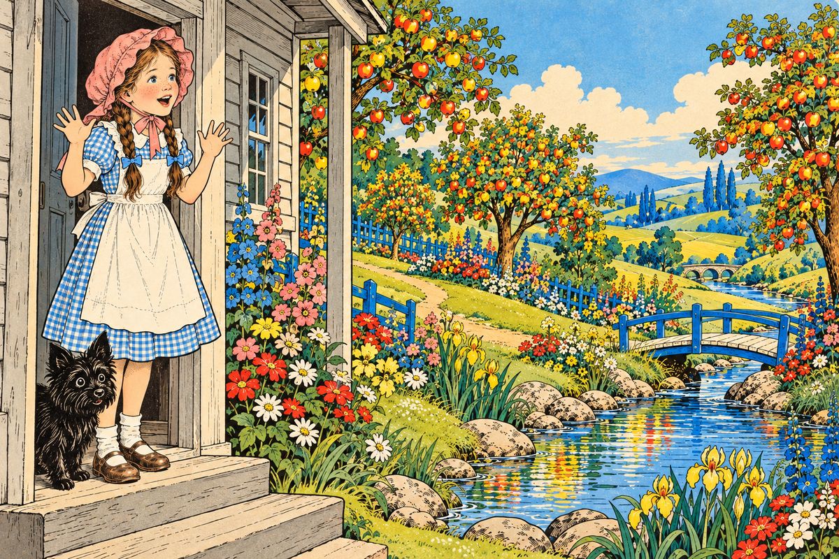 A sudden bump woke Dorothy, and the house stood still in bright sunshine. With Toto at her heels she ran and opened the door, and cried out in wonder: outside lay green grass, trees heavy with fruit, banks of flowers, birds of brilliant feathers and a sparkling little brook.