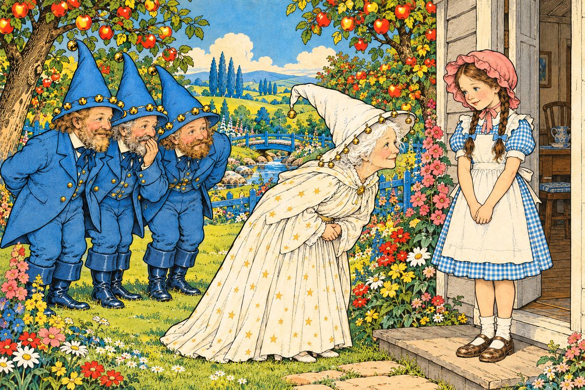 Toward her came the queerest people: three men in blue, with pointed hats ringed with tinkling bells, and a little old woman in a white gown sprinkled with stars. She bowed low. "You are welcome, most noble Sorceress, to the land of the Munchkins," she said, thanking Dorothy for killing the Wicked Witch of the East.