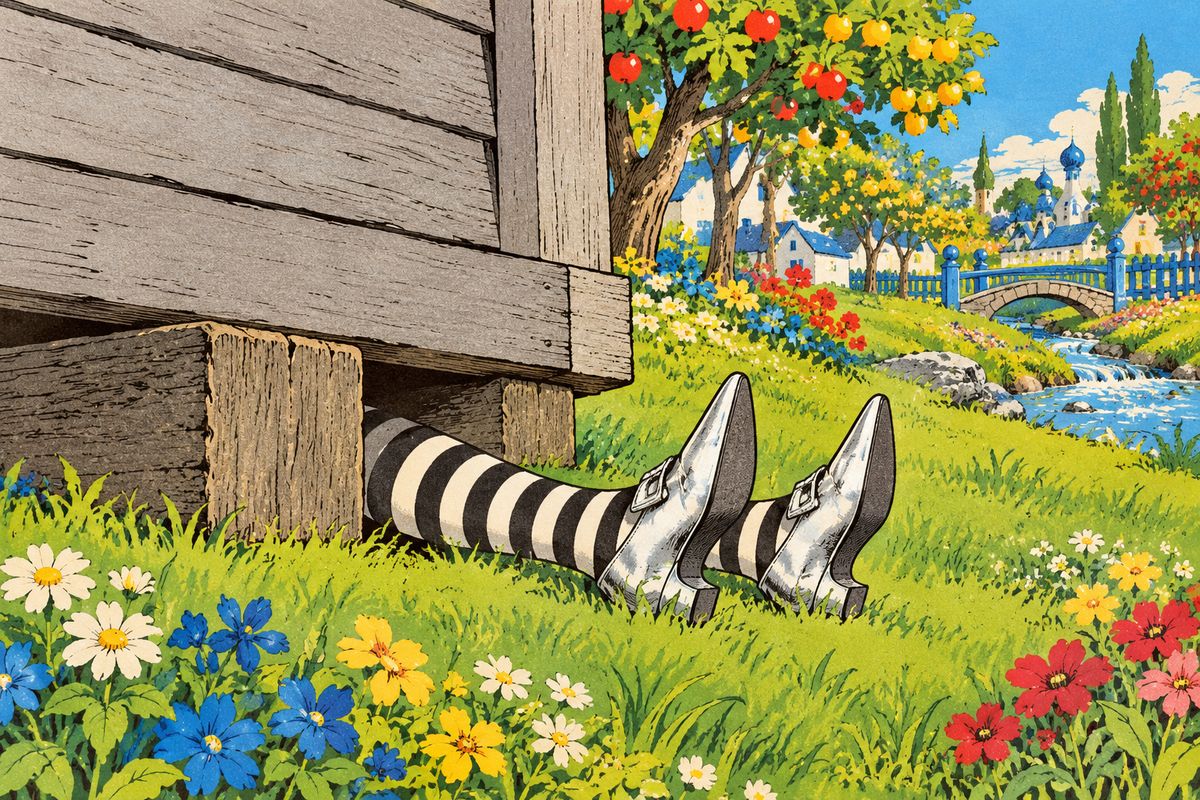 "Your house did, anyway," laughed the little woman, pointing. Under the corner of the house, two feet in silver shoes with pointed toes stuck out. She was the Witch of the North, she said, one of two good witches; the wicked ones ruled East and West, and Oz the Great Wizard ruled them all from the City of Emeralds.