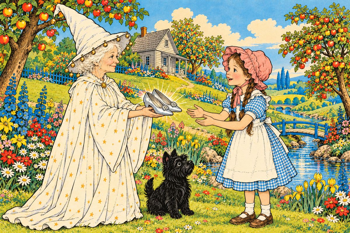 Suddenly the Munchkins shouted and pointed: the Wicked Witch had dried up in the sun, and nothing was left but the silver shoes. The Witch of the North shook out the dust and handed them to Dorothy. "The silver shoes are yours," she said. The Munchkins added that some charm went with them, though none knew what.
