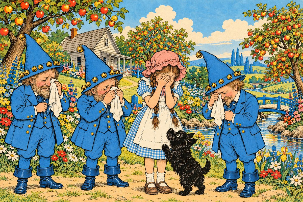 Dorothy begged to be shown the way home to Kansas, but the Munchkins and the Witch shook their heads: a great desert, too deadly to cross, ringed the whole Land of Oz. "I'm afraid, my dear, you will have to live with us." Dorothy began to sob, and the kind Munchkins pulled out handkerchiefs and wept with her.