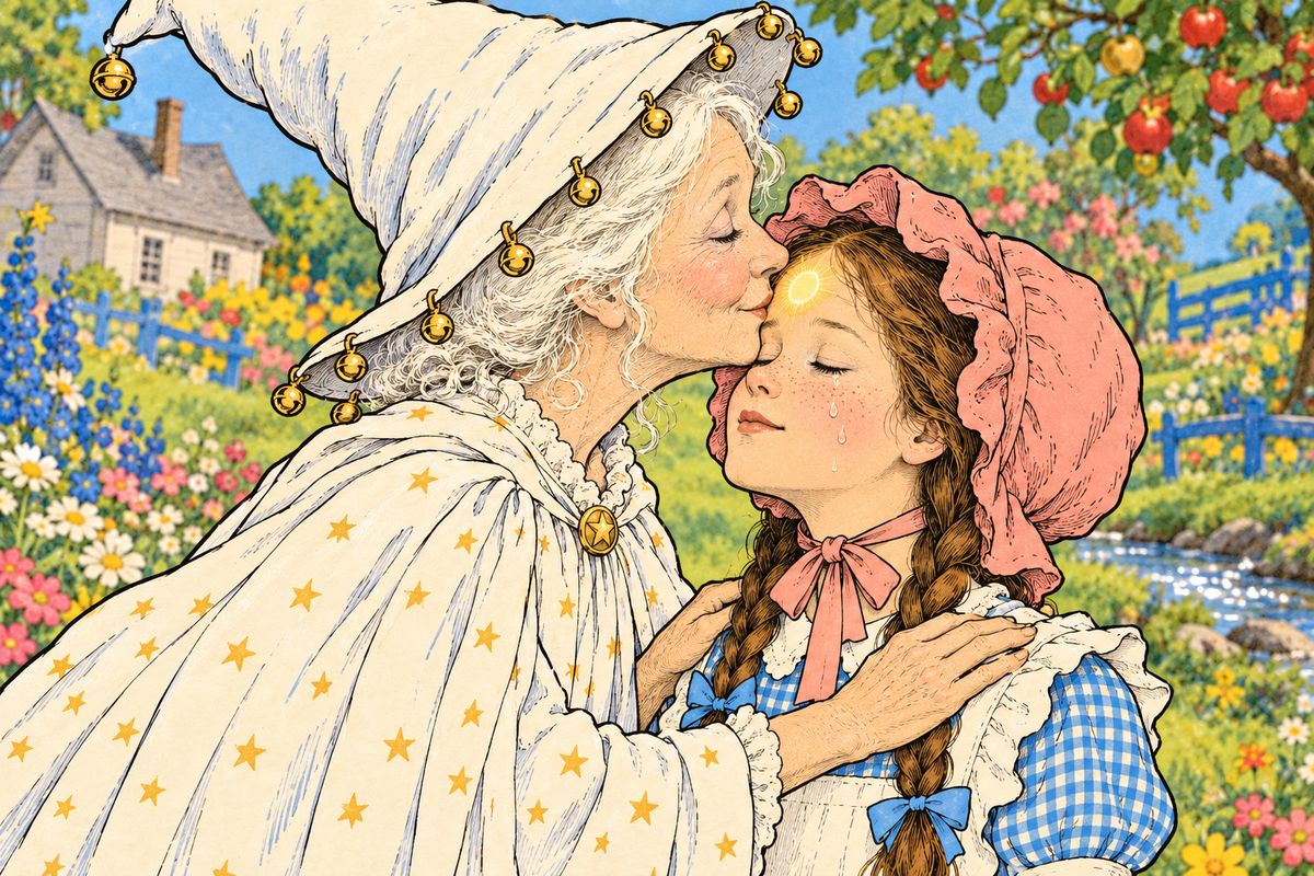 Oz's city lay at the very center of the land, reached on foot along a road of yellow brick. The Witch could not go with her, but she gave Dorothy her kiss, for no one would dare harm someone kissed by the Witch of the North. Where her lips touched, they left a round, shining mark.