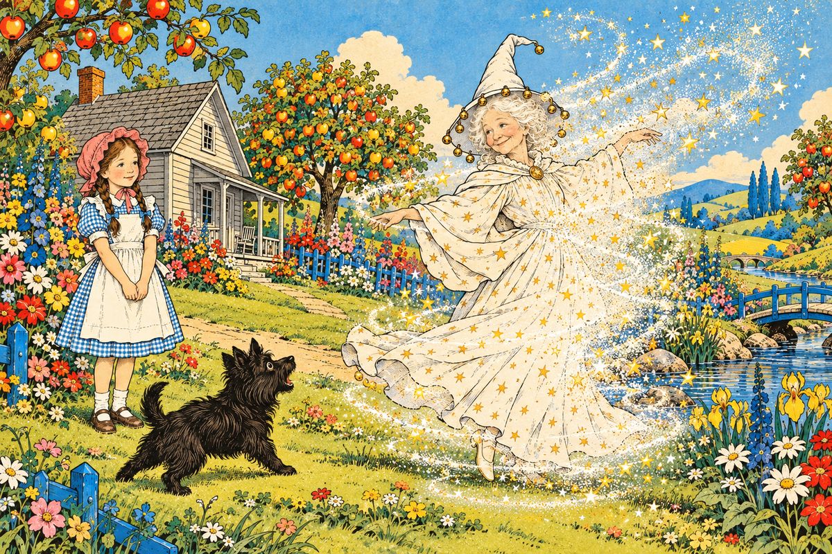 The Munchkins bowed and walked away through the trees. The Witch gave a friendly nod, whirled three times on her left heel and was gone. Toto, who had not dared even to growl while she stood by, barked loudly after her, but Dorothy, knowing her for a witch, was not surprised at all.