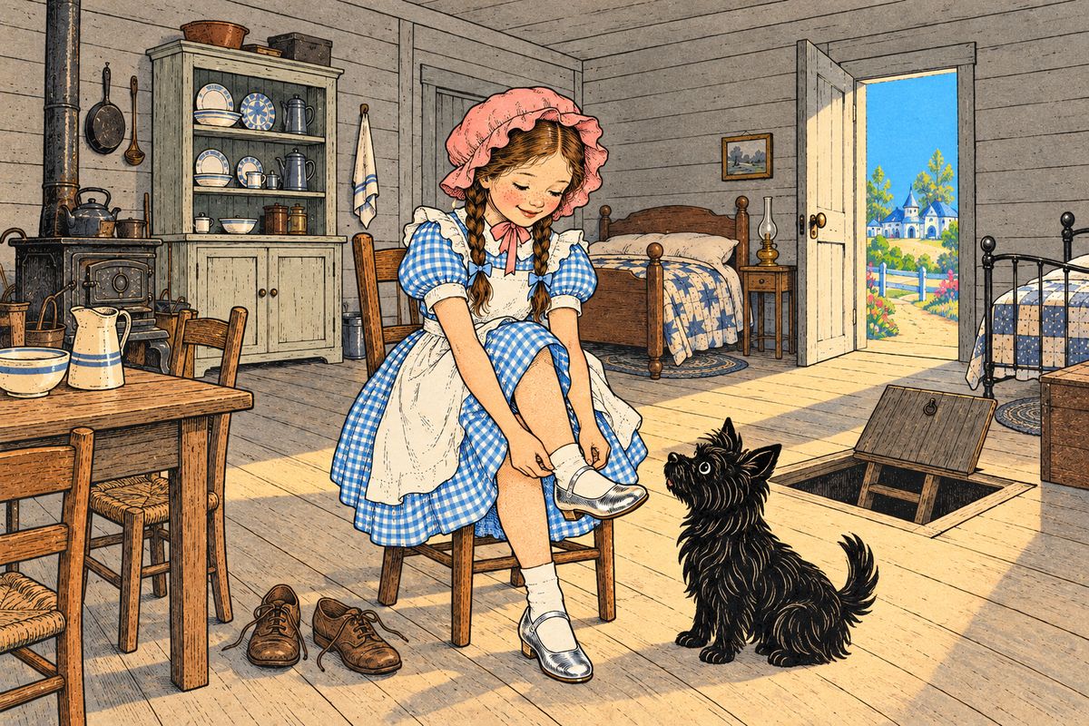 When Dorothy was alone she ate bread and butter and fresh fruit with Toto, then put on her clean blue-and-white gingham dress and her pink sunbonnet. Her old shoes were worn thin, but the silver shoes of the Witch of the East lay on the table. She tried them on, and they fitted as if made for her.