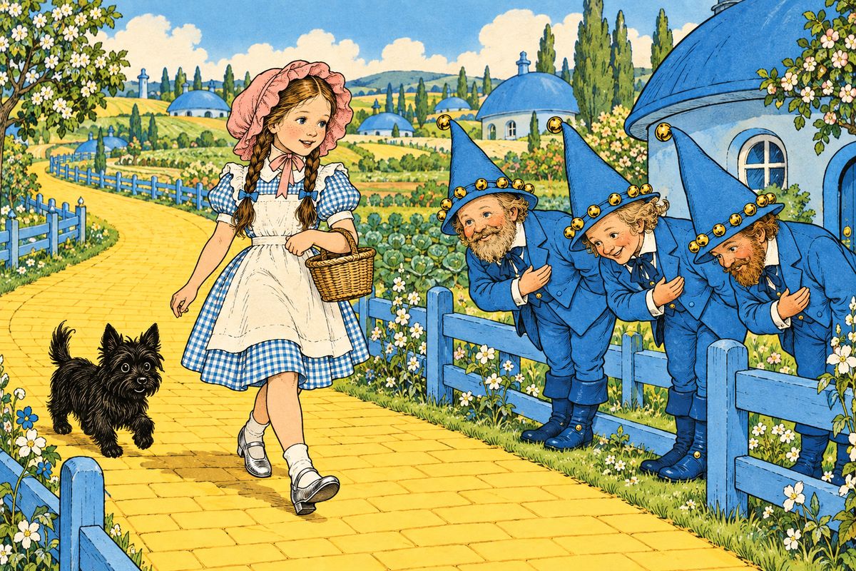 She locked the door, pocketed the key, and set off with Toto along the road of yellow brick, her silver shoes tinkling merrily. Neat blue fences lined the way, and the round, blue-domed houses stood among rich fields. Everywhere the Munchkins came out and bowed low, for they knew she had freed them from the Wicked Witch.