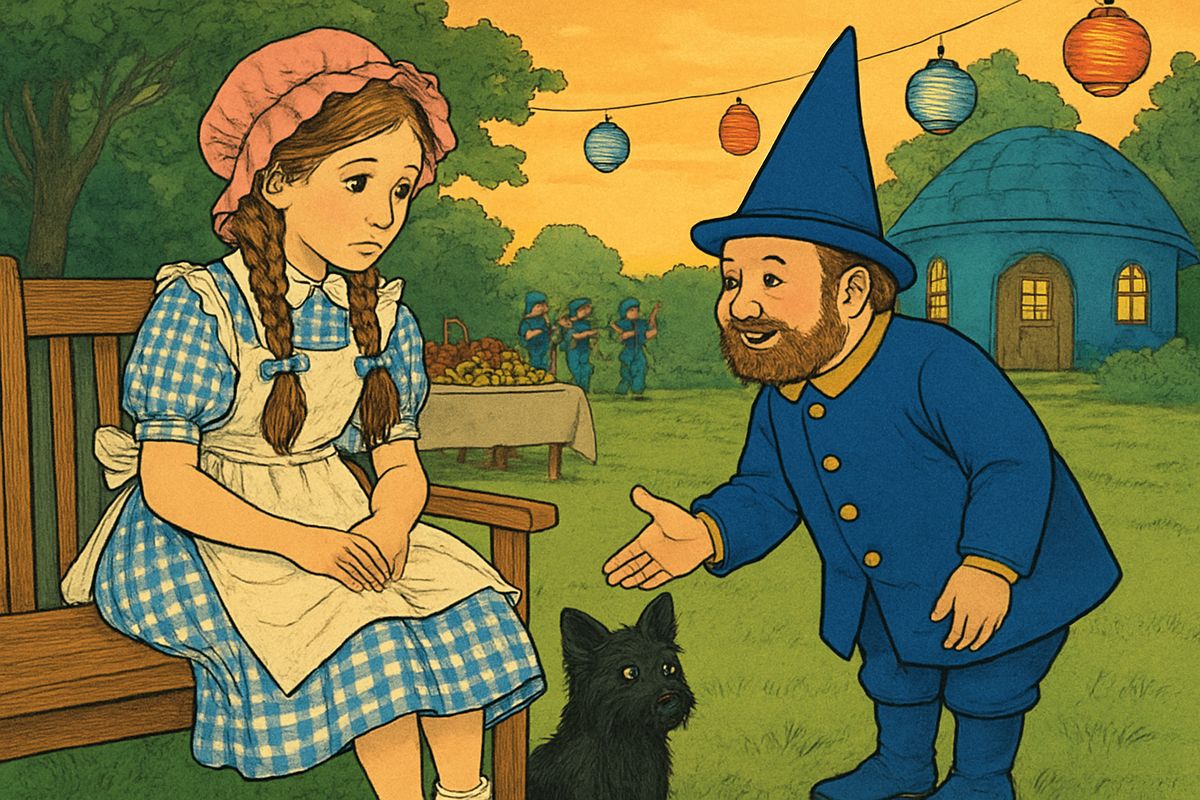 At evening she reached the house of Boq, the richest Munchkin, where fiddlers played and everyone feasted to celebrate their freedom. Seeing her silver shoes and the white in her frock, Boq decided she must be a sorceress. "Blue is the color of the Munchkins, and white is the witch color," he said. "So we know you are a friendly witch."