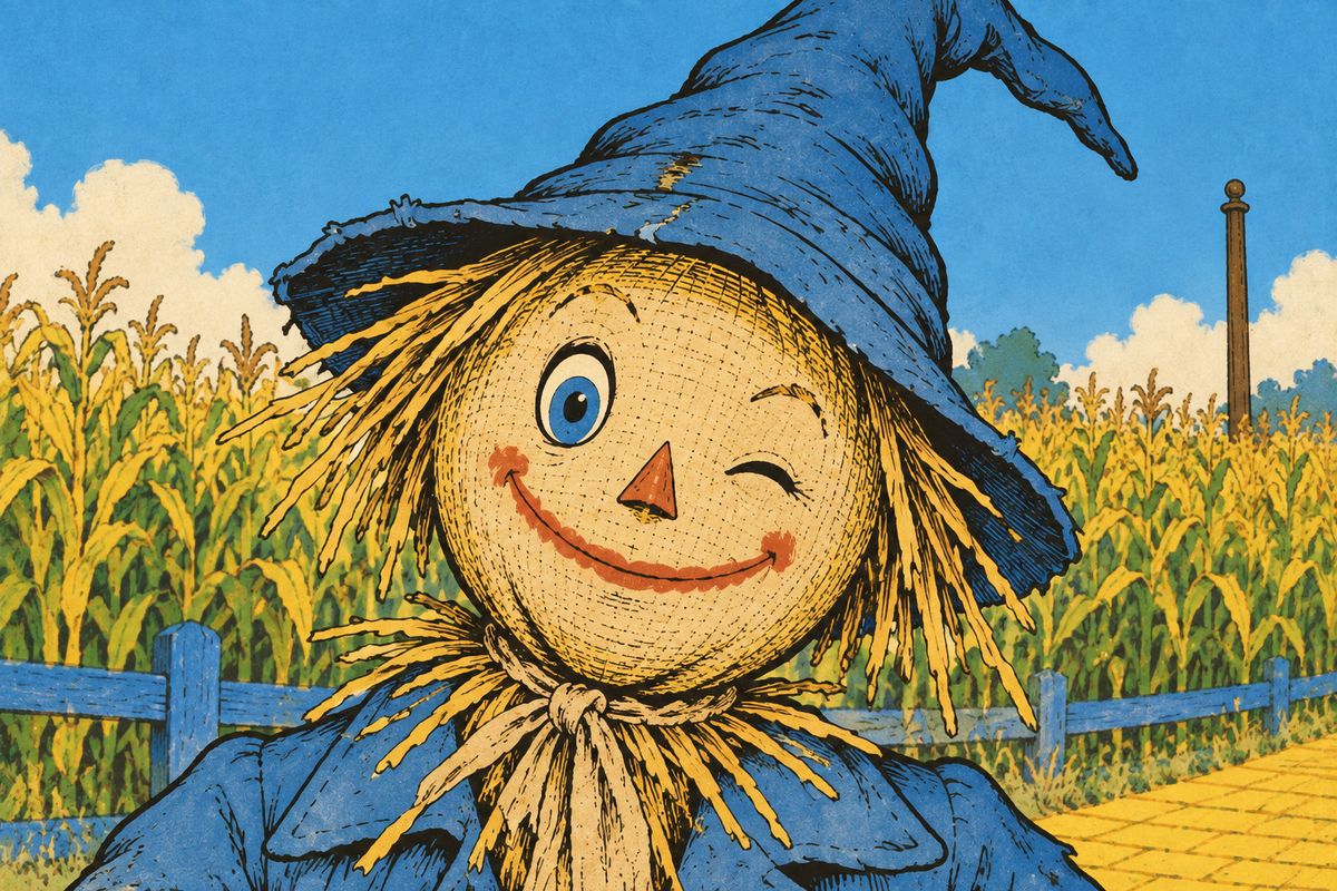 Next morning Boq warned her the way to the Emerald City was long and dangerous, but Dorothy would not turn back. Resting on a fence beside a great cornfield, she gazed at a Scarecrow perched high on a pole, and was astonished to see one painted eye slowly wink at her.