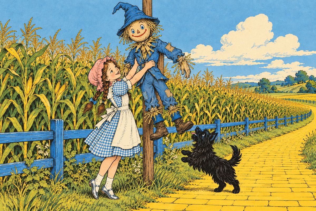 "Good day," said the Scarecrow in a husky voice, and he explained that the pole was stuck up his back. Dorothy reached up both arms and lifted him down, for being stuffed with straw he was quite light. "Thank you very much," he said, stretching. "I feel like a new man."