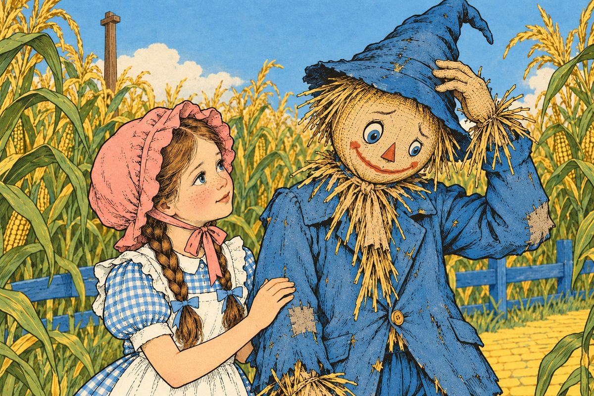 When Dorothy spoke of the Emerald City and the Great Oz, he had never heard of either. "I don't know anything. You see, I am stuffed, so I have no brains at all," he said sadly. Sorry for him, Dorothy invited him to come along and ask Oz for some brains.