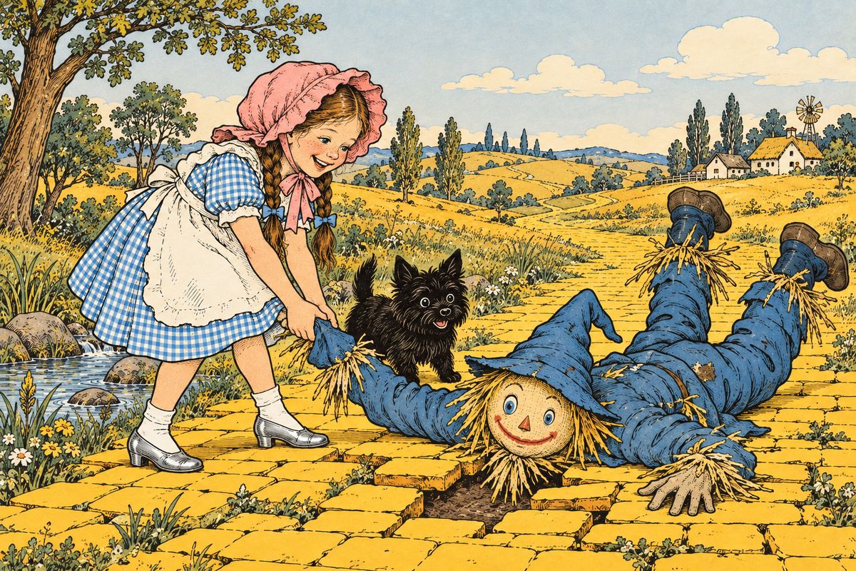 Carrying her basket, the Scarecrow confided that he feared only one thing in the world: a lighted match. Soon the road grew rough, the yellow bricks broken or missing. Toto jumped the holes and Dorothy walked around them, but the Scarecrow stepped straight in and fell flat, laughing merrily at his own mishap as she set him on his feet.