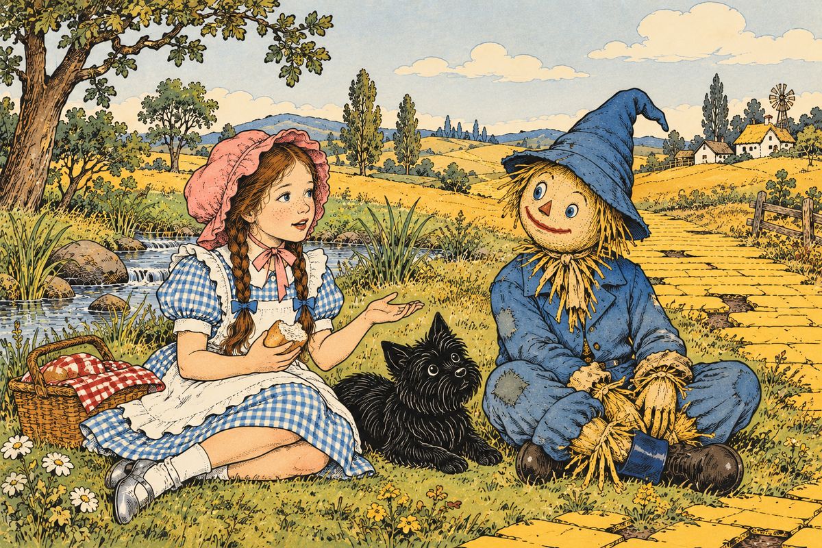 At noon they rested by a brook. The Scarecrow could not eat, and he could not see why she longed for gray Kansas. "There is no place like home," Dorothy told him. Made only two days before, he had just one tale to share: an old crow had told him brains are the only thing worth having.
