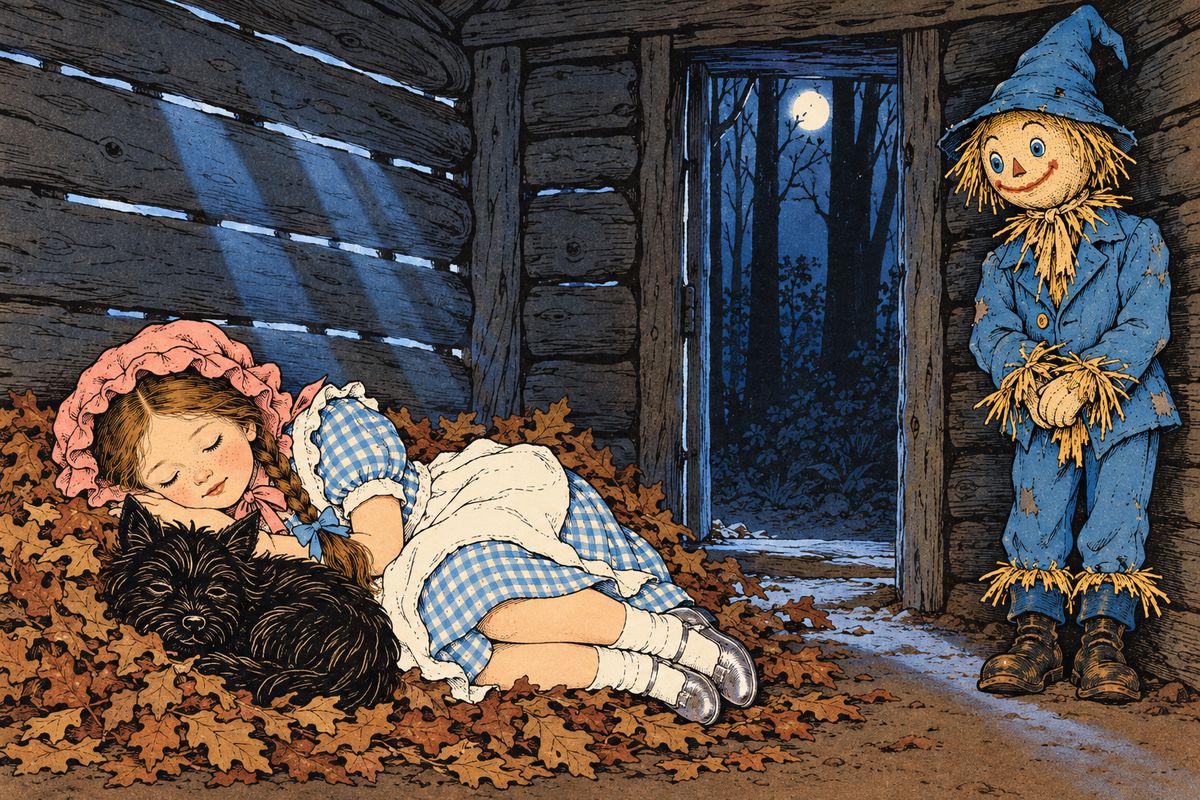 Toward evening the road led into a great forest so dark that Dorothy could not see, so she held the Scarecrow's arm. He spied a little log cottage, and there she lay down on a bed of dried leaves and fell asleep with Toto beside her, while the Scarecrow, who never grew tired, stood patiently in the corner until morning.