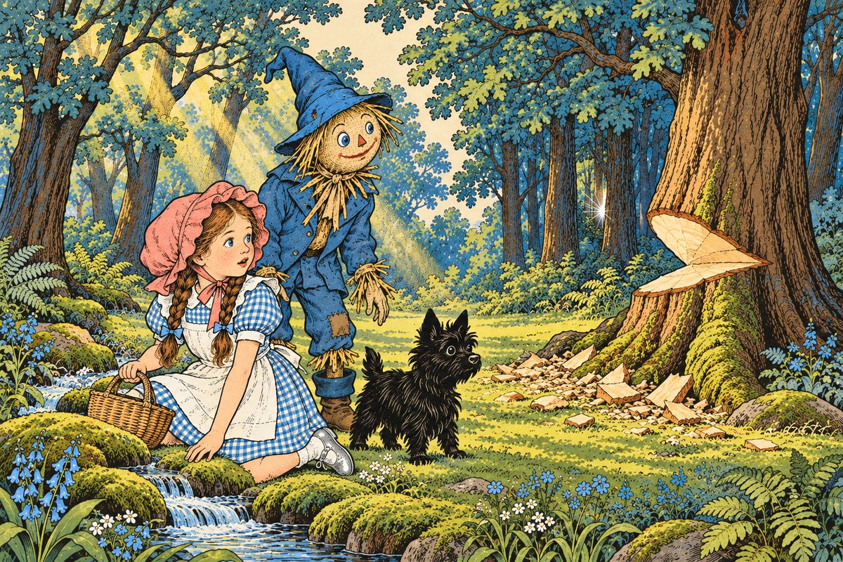 After a quick breakfast and a wash at a clear forest spring, Dorothy was about to return to the yellow brick road when a deep groan came from the trees behind them. "What was that?" she asked timidly.