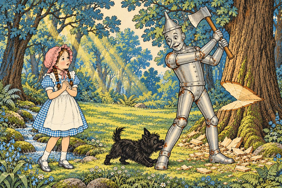 Following the sound, they found a man made entirely of tin standing beside a half-chopped tree with his axe raised, unable to move a joint. Toto snapped at the tin legs and hurt his teeth. "I've been groaning for more than a year," said the tin man, "and no one has ever heard me before."