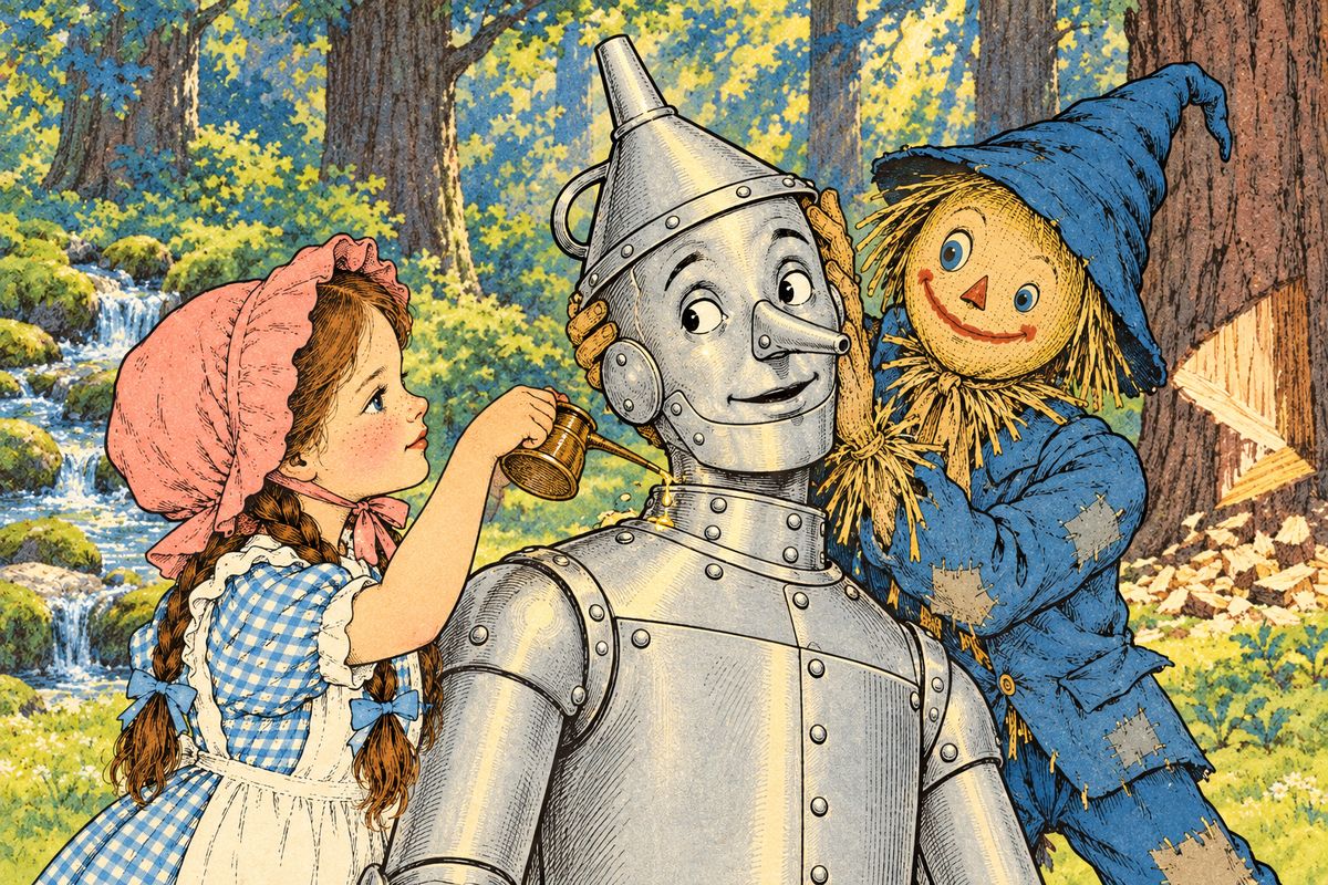 He asked for the oil-can from his cottage, so Dorothy ran back and fetched it. First she oiled his badly rusted neck, while the Scarecrow gently turned the tin head from side to side until it moved freely on its own.