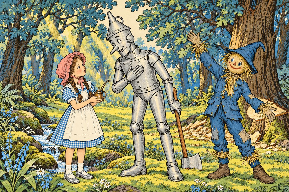 They oiled his arms, and with a sigh he lowered the axe at last; then they oiled his legs until he could walk. Thankful, he heard they were going to the Great Oz. "Do you suppose Oz could give me a heart?" he asked, and they gladly let him join them.