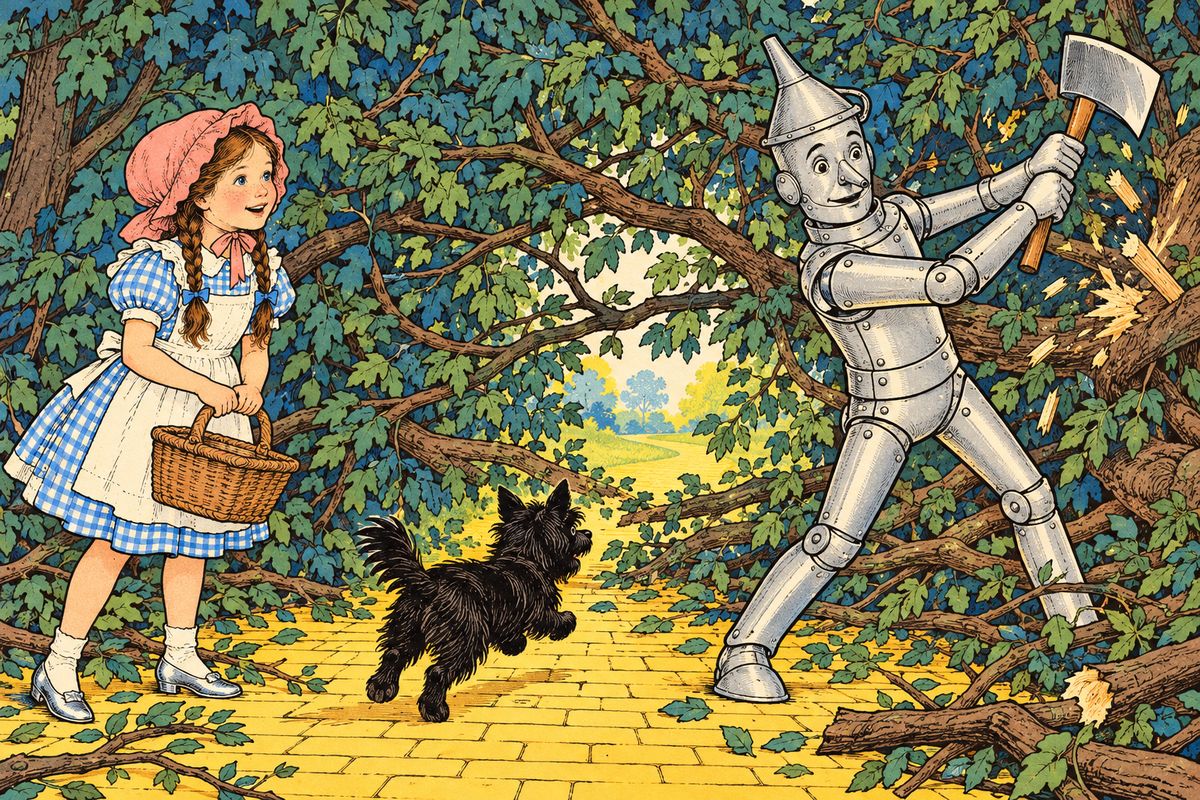 Back on the yellow brick road, it was lucky to have their new friend along. Branches soon grew so thick across the road that no one could pass, but the Tin Woodman set to work with his axe and soon cut a path for everyone.