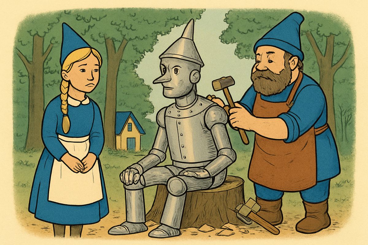 As they walked, he told his story. Once he had been a Munchkin woodman who loved a pretty Munchkin girl, but the Wicked Witch of the East enchanted his axe, and it cut away his body bit by bit. Each time a tinsmith made him a new tin part, until he was all tin and had no heart left to love her.