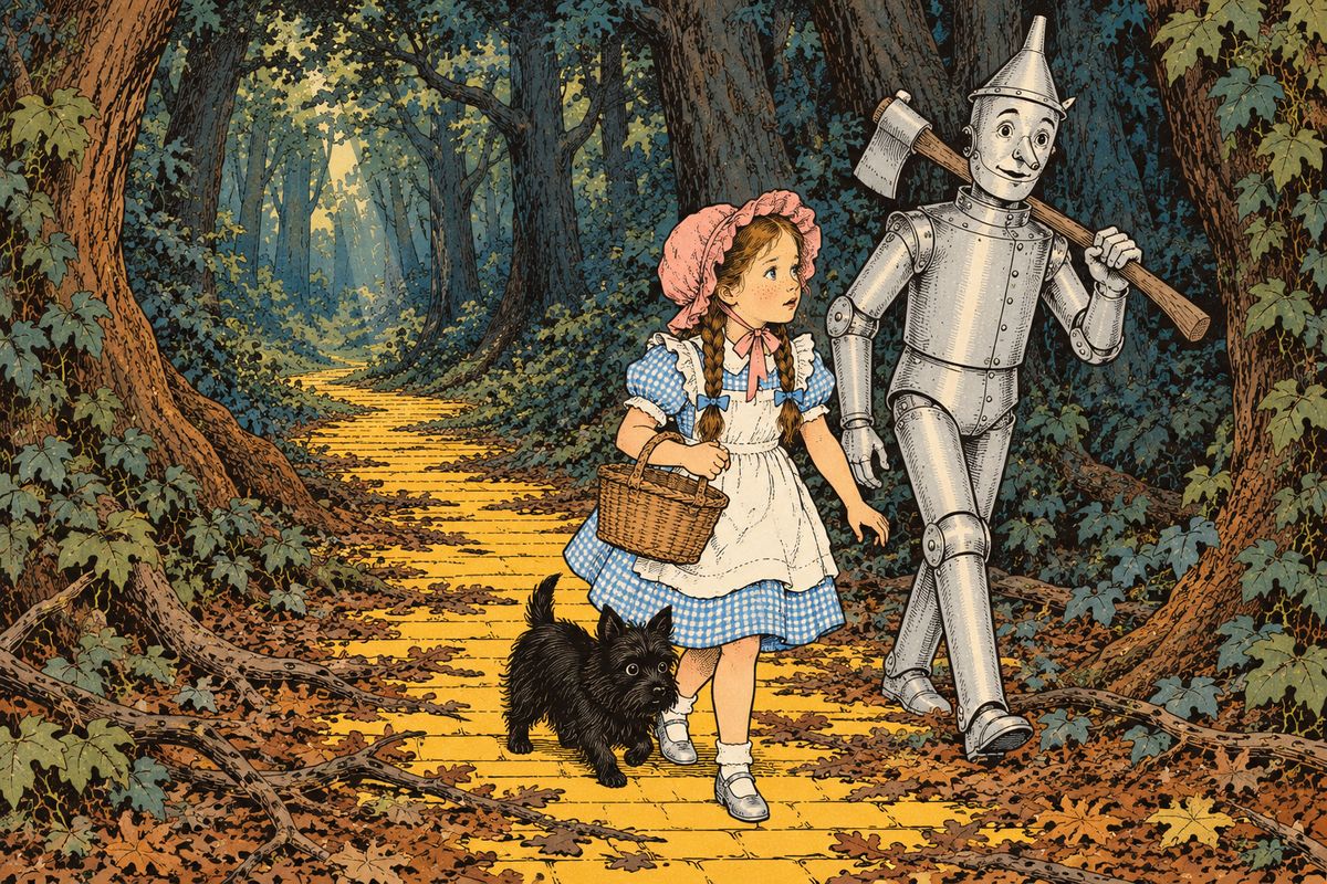The yellow brick road led on through deep, gloomy woods, its bricks buried under dead leaves and branches. Now and then a deep growl rumbled from among the trees. Dorothy's heart beat fast, and Toto, who knew what made such sounds, crept close to her side without even barking.