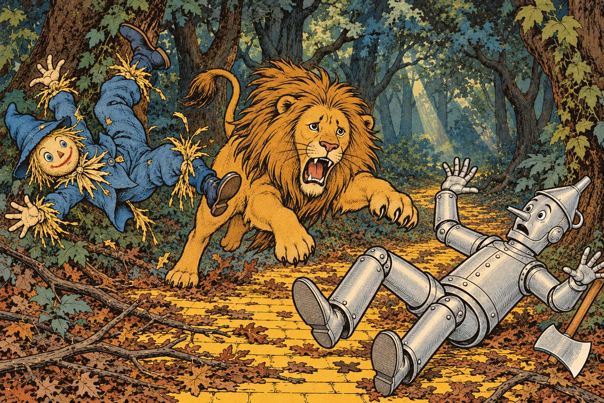 Suddenly a terrible roar shook the forest, and a great Lion bounded into the road. With one blow of his paw he sent the Scarecrow spinning over and over to the roadside, then struck at the Tin Woodman, who toppled into the road and lay still.