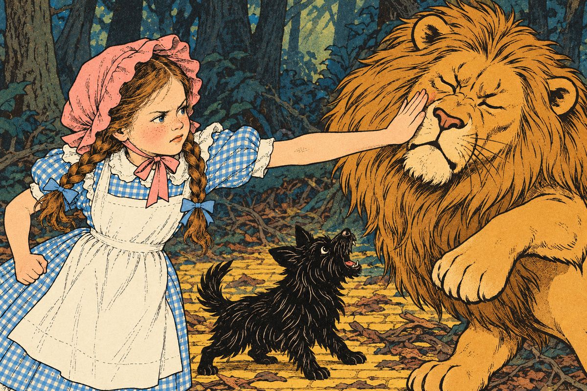 Little Toto ran barking at the Lion, and the great beast opened his jaws to bite him. Heedless of danger, Dorothy rushed forward and slapped the Lion on the nose as hard as she could. "You are nothing but a big coward," she cried.