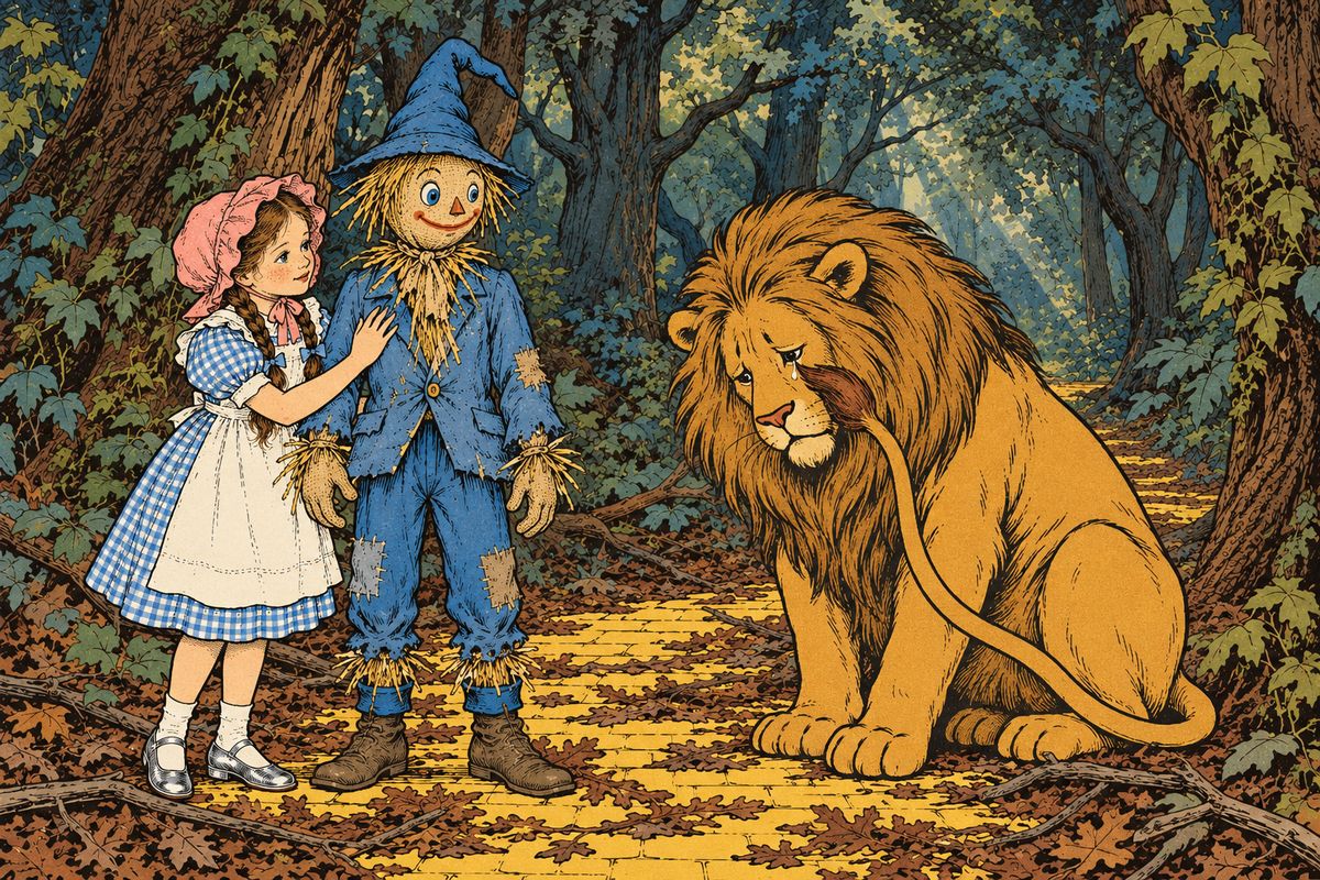 "I know it," said the Lion, hanging his head. He confessed that he had always been a coward; he roared only so that every creature would run away before he had to. Wiping a tear with the tip of his tail, he said his heart beat fast whenever there was danger.