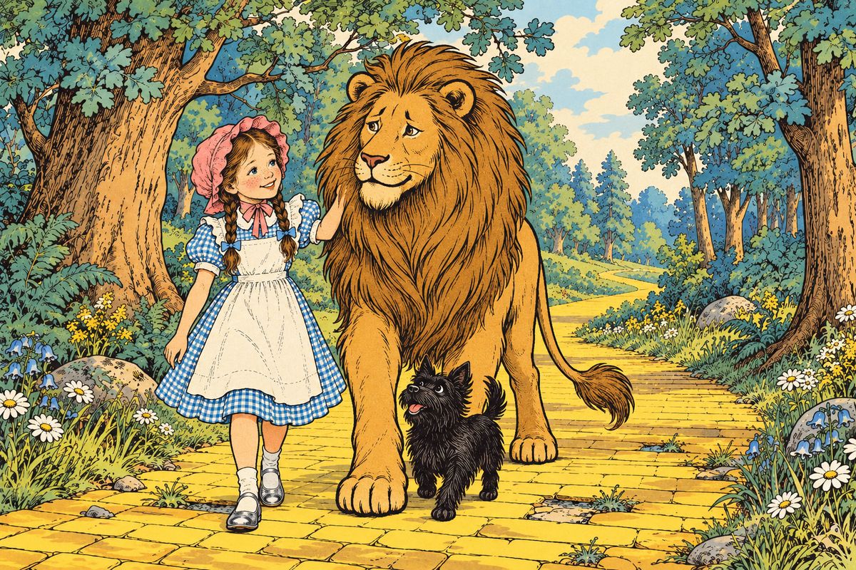 When he heard the friends were going to ask the Great Oz for brains, a heart and a way home, the Lion asked to come along and beg for courage. So the little company set off again. Toto was wary of his new comrade at first, but before long he and the Lion were good friends.