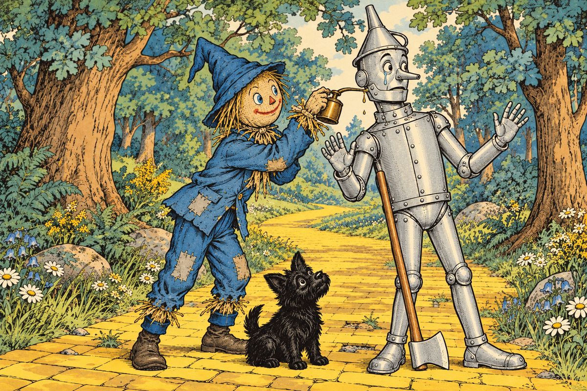 Later the Tin Woodman stepped on a beetle by accident and wept for it, and his tears rusted his jaws shut. He could only wave his arms helplessly until the Scarecrow grabbed the oil-can and oiled his jaws. After that he walked very carefully, stepping over even the tiniest ant.