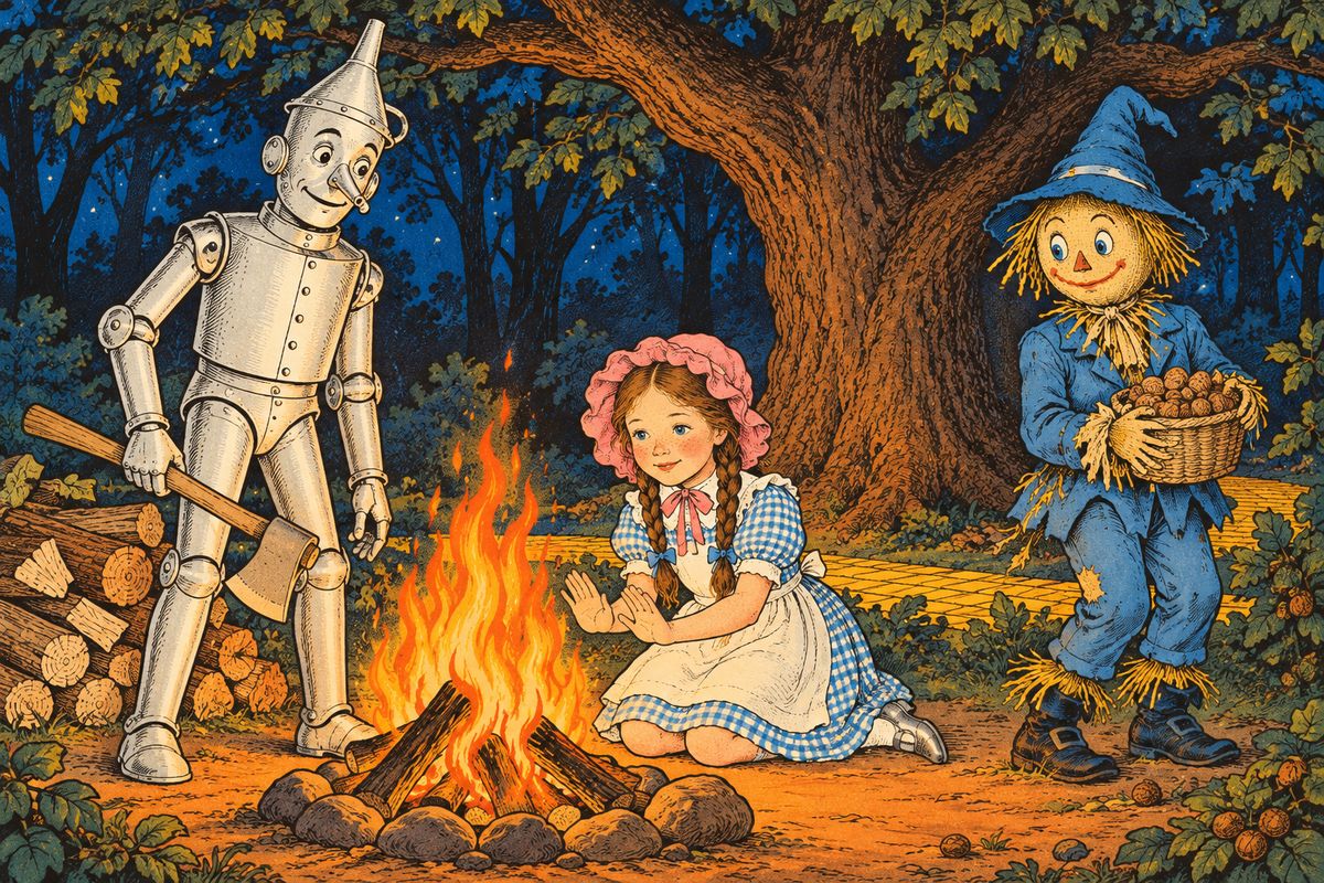 With no houses near, the travelers camped under a great tree. The Tin Woodman chopped a pile of wood, and Dorothy built a splendid fire. The Scarecrow kept well back from the flames, for fear a spark would catch his straw, and clumsily filled her basket with nuts, dropping almost as many as he picked.