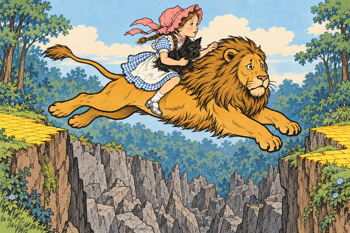 Next morning a great ditch with jagged rocks at the bottom cut across the road. The Lion crouched and sprang across, the Scarecrow first, then Dorothy holding Toto, then the Tin Woodman, until he panted like a tired dog. "That isn't the way we Lions do these things," he had said when asked why he didn't run first.