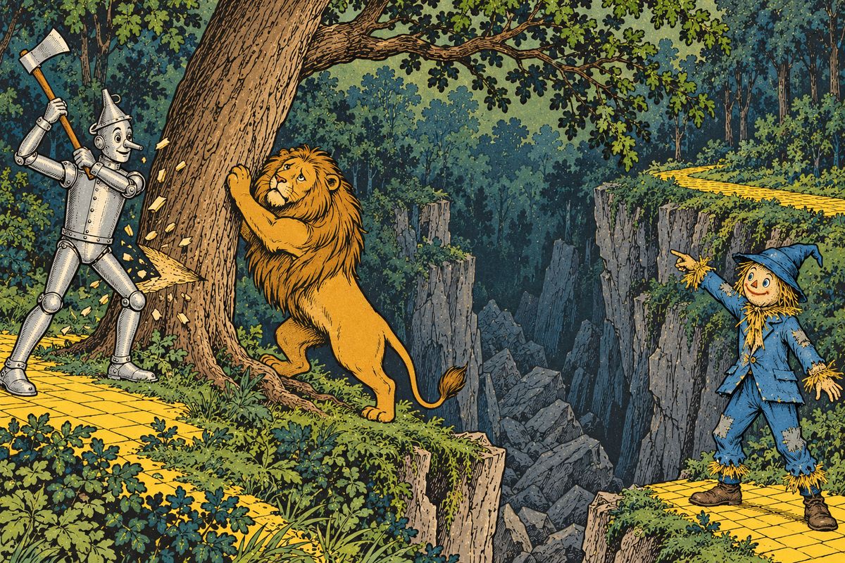 Deeper in the gloomy wood, where the Lion whispered that the dreadful Kalidahs lived, a second gulf blocked the way, far too wide to leap. The Scarecrow had an idea, so the Tin Woodman chopped a tall tree nearly through, and the Lion pushed it over with a crash to make a bridge.