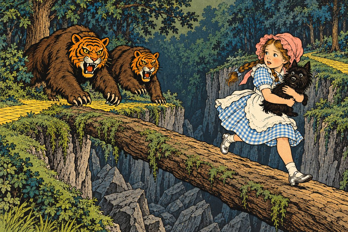 They had just begun to cross the queer bridge when a sharp growl rang out. Two great beasts with bodies like bears and heads like tigers came charging out of the trees. "They are the Kalidahs!" cried the trembling Lion, and Dorothy hurried over the trunk first with Toto clutched tight.