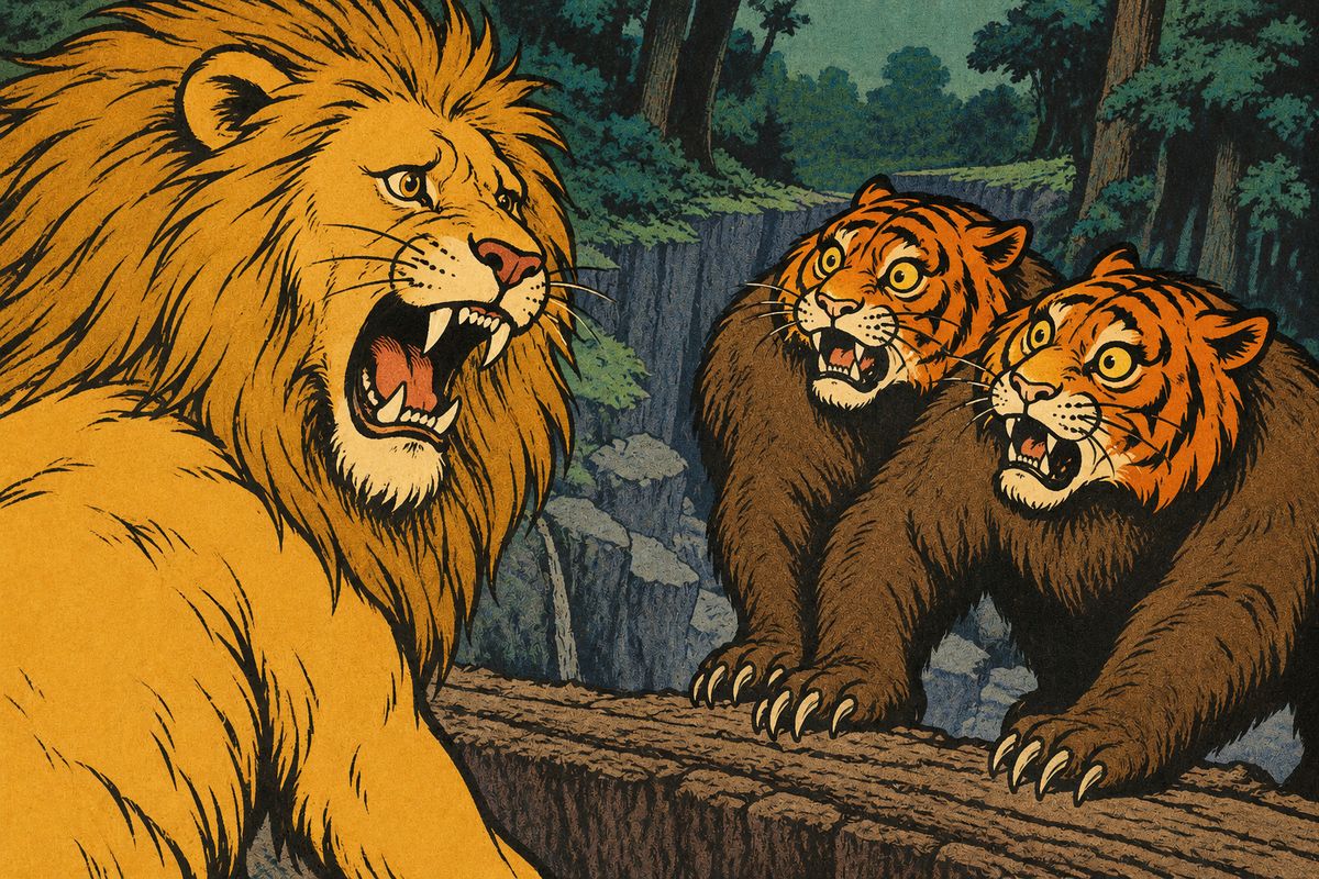 Though he was terribly afraid, the Lion turned to face the beasts and gave so loud and terrible a roar that Dorothy screamed and the Scarecrow tumbled over backward. Even the Kalidahs stopped short in surprise, but seeing there were two of them and only one Lion, they rushed on and began to cross the tree.