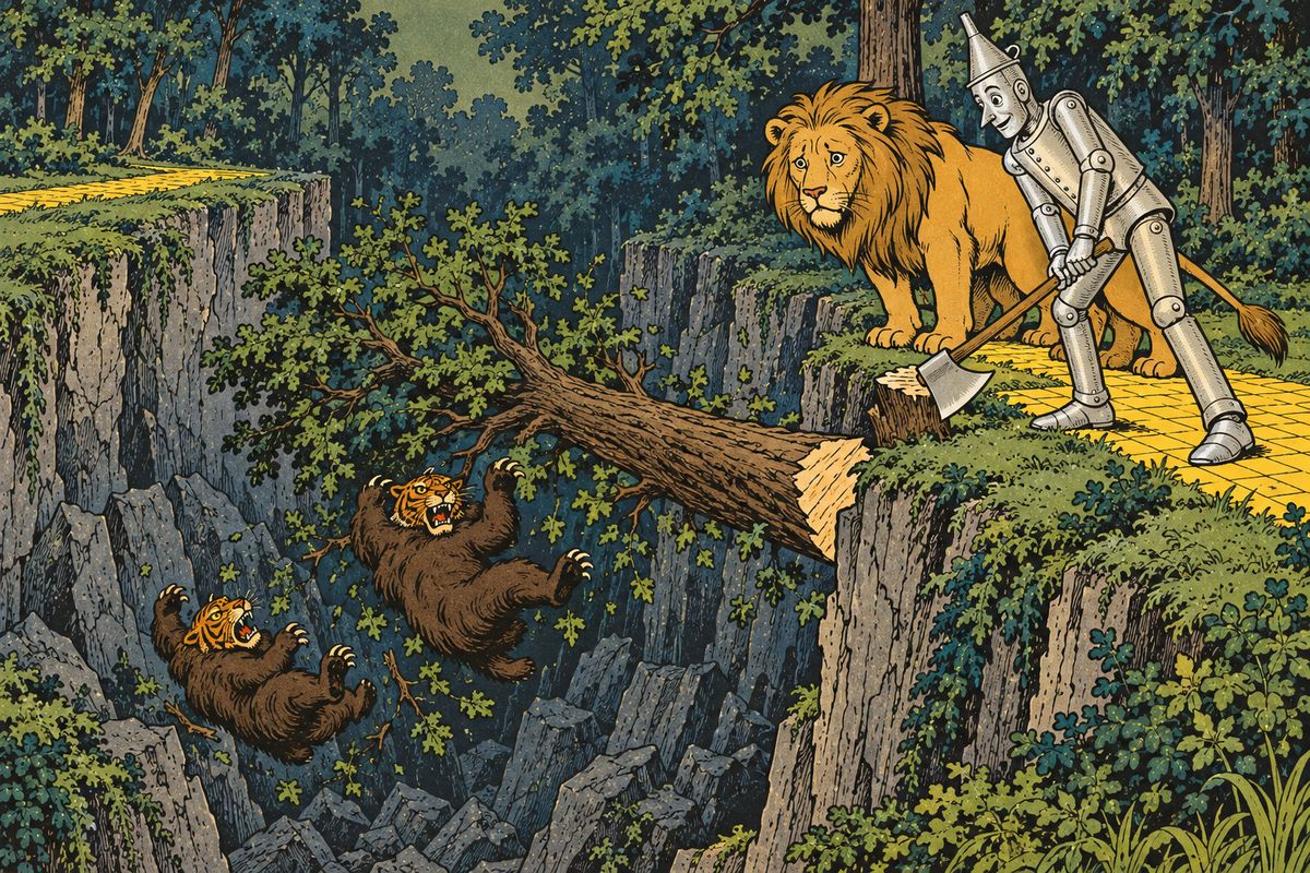 "Wait a minute!" called the Scarecrow, and asked the Woodman to chop away their end of the tree. Just as the Kalidahs were nearly across, the trunk fell into the gulf, carrying the snarling brutes down to the rocks far below. "My heart is beating yet," sighed the Lion. "I wish I had a heart to beat," said the Woodman.