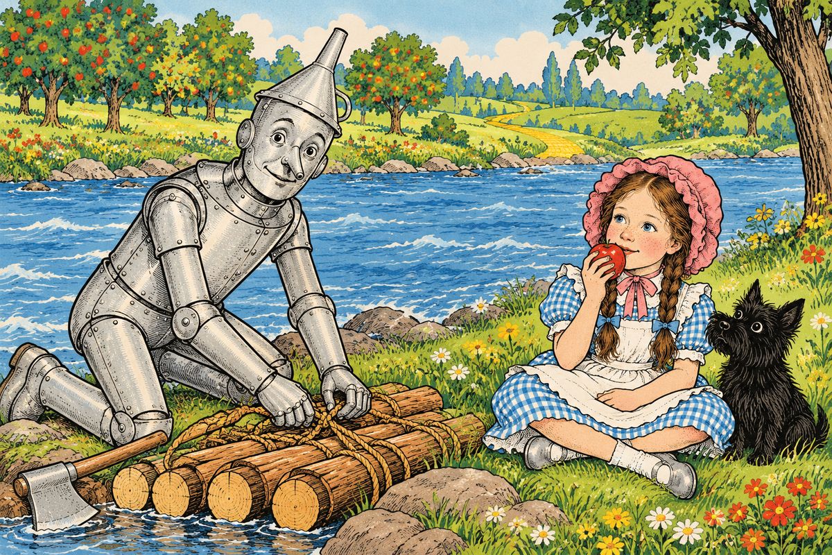 Eager to leave the forest, they hurried on until they reached a broad, swift river, with a lovely country of flowers and fruit trees on the far side. The Woodman began building a raft while Dorothy ate ripe fruit the Scarecrow found. Night fell before the raft was done, and Dorothy dreamed of the Emerald City and the good Wizard who would send her home.