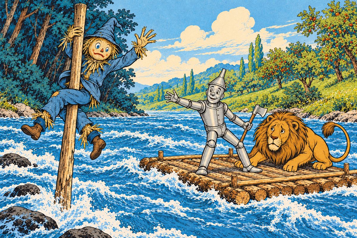 The travelers set off across the broad river on the Tin Woodman's raft, but the swift current swept them far downstream. The Scarecrow pushed so hard that his pole stuck fast in the mud, and the raft rushed on without him. "Good-bye!" he called, left clinging to his pole in the middle of the river.