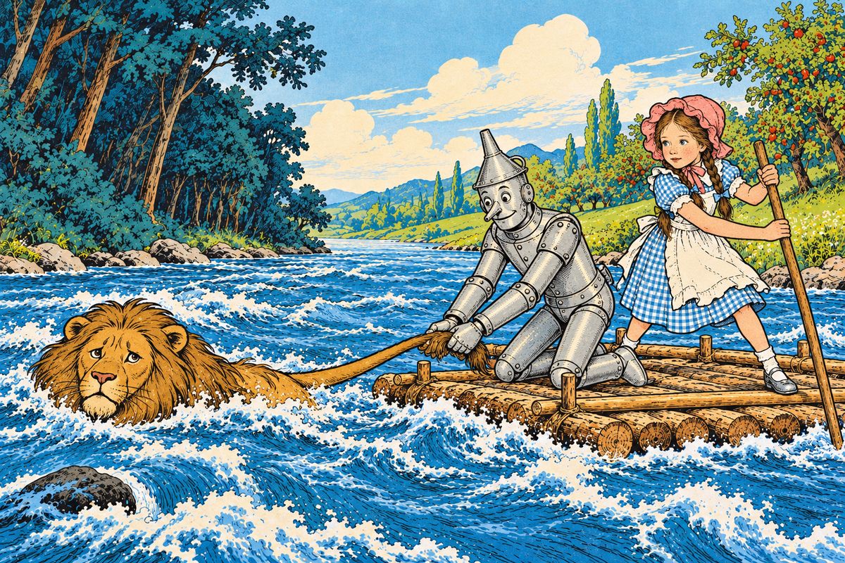 "I think I can swim to the shore and pull the raft after me," said the Lion. He sprang into the water, the Tin Woodman held fast to his tail, and the great beast swam with all his might. At last they were drawn out of the current, and Dorothy pushed with a pole until they reached the land.