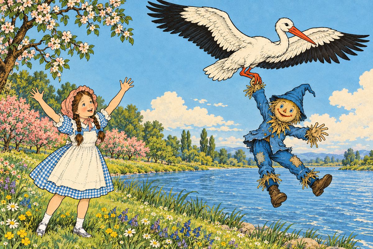 After a long walk back along the bank, they found the Scarecrow still perched sadly on his pole. A kind Stork stopped to help. "He isn't heavy a bit, for he is stuffed with straw," Dorothy told her eagerly, and the big bird flew out, grabbed the Scarecrow by the arm and carried him back to his friends.