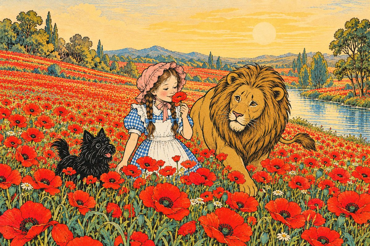 The happy Scarecrow hugged everyone and sang "Tol-de-ri-de-oh!" at every step, and the Stork flew home to her babies. Soon the flowers grew so thick that the ground was carpeted with scarlet poppies. "Aren't they beautiful?" Dorothy asked, breathing their spicy scent, not knowing that their perfume could put anyone to sleep forever.