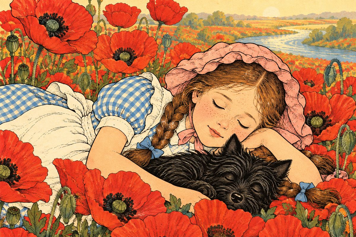 Dorothy's eyes grew heavy. She kept walking as long as she could, but at last she forgot where she was and fell among the poppies, fast asleep, with Toto curled beside her.