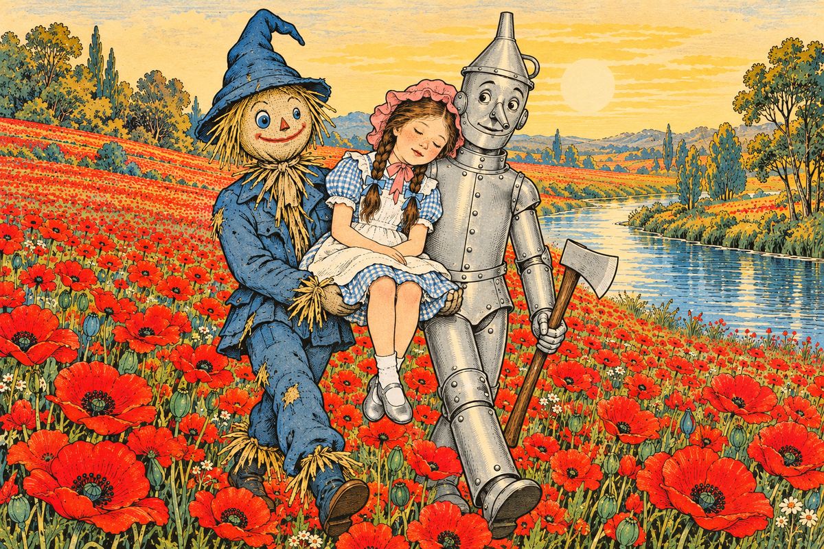 The flowers could not harm a man of straw or one of tin, so the Scarecrow sent the drowsy Lion bounding ahead. "Let us make a chair with our hands and carry her," he said. With Toto laid in her lap, they carried the sleeping girl between them through the endless poppies.