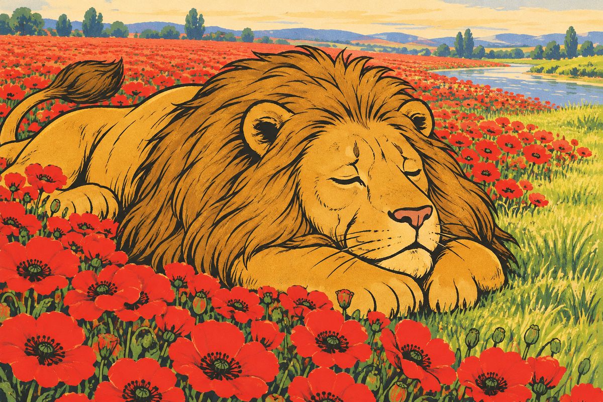 Following the bend of the river, they came upon the Lion fast asleep among the poppies. He had fallen only a short distance from the end of the flowers, where green fields spread before him. He was much too heavy to lift, so sadly they carried Dorothy on to the fresh grass by the river.