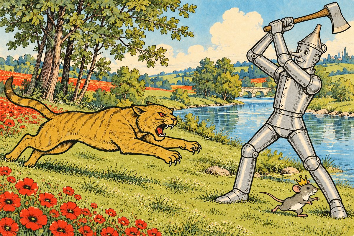 While Dorothy slept on the grass, a great yellow Wildcat came bounding toward them, chasing a little gray field mouse. Though he had no heart, the Tin Woodman knew this was wrong, and with one blow of his axe he stopped the beast. "Why, I am a Queen," the mouse told him, "the Queen of all the Field Mice!"