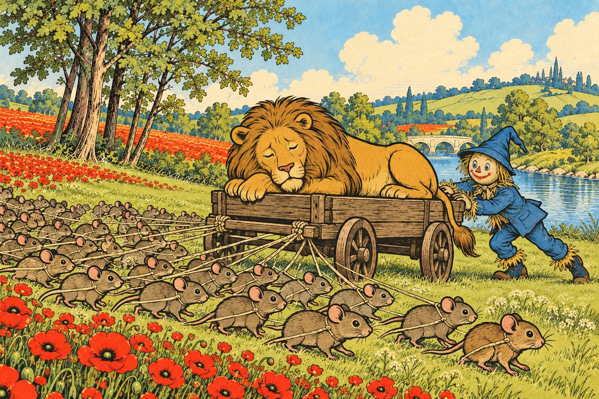 To repay him, the Queen called her people to save the Lion. Thousands of mice arrived, each with a long piece of string, to pull a wooden truck the Woodman had built. Harnessed by their necks, they hauled the sleeping Lion out of the poppies, the Scarecrow and the Woodman pushing behind, into the sweet green fields.