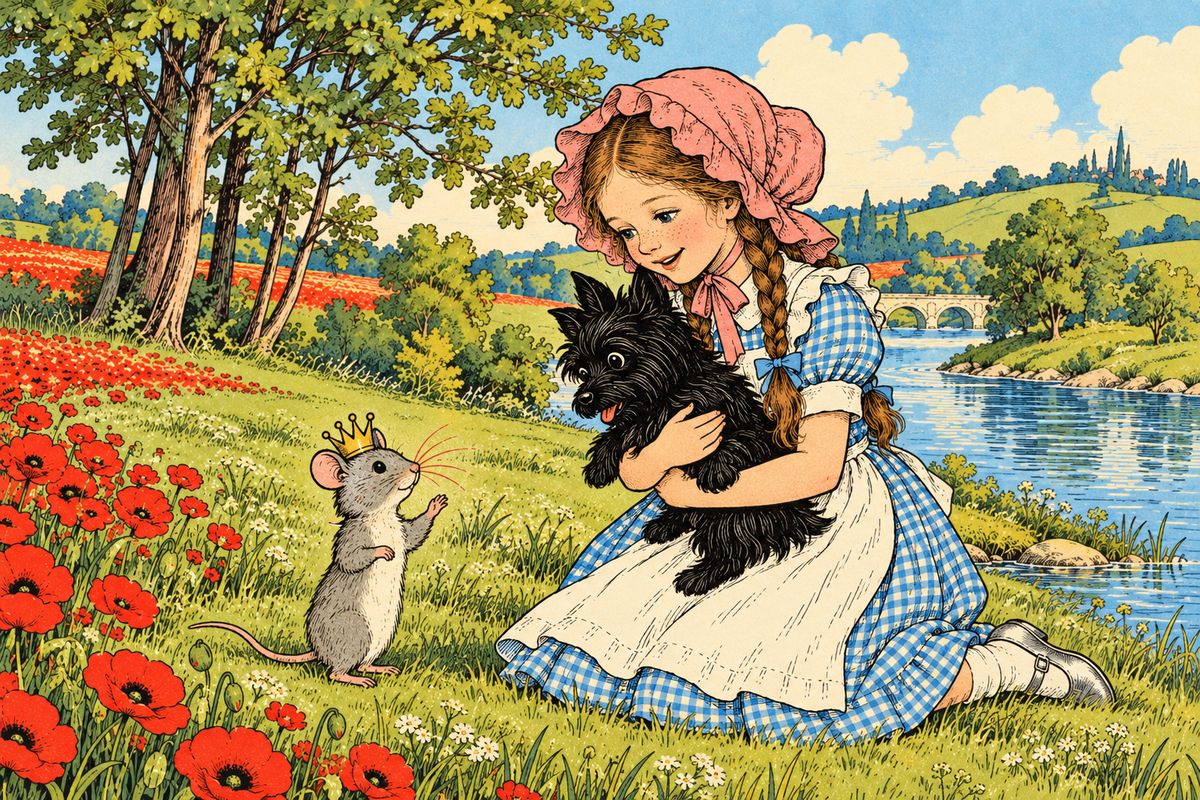 Dorothy, awake at last, thanked the little mice warmly, and they scampered home through the grass. The Queen was the last to leave. "If ever you need us again, come out into the field and call, and we shall hear you," she said. Dorothy held Toto tightly as the Queen ran away.
