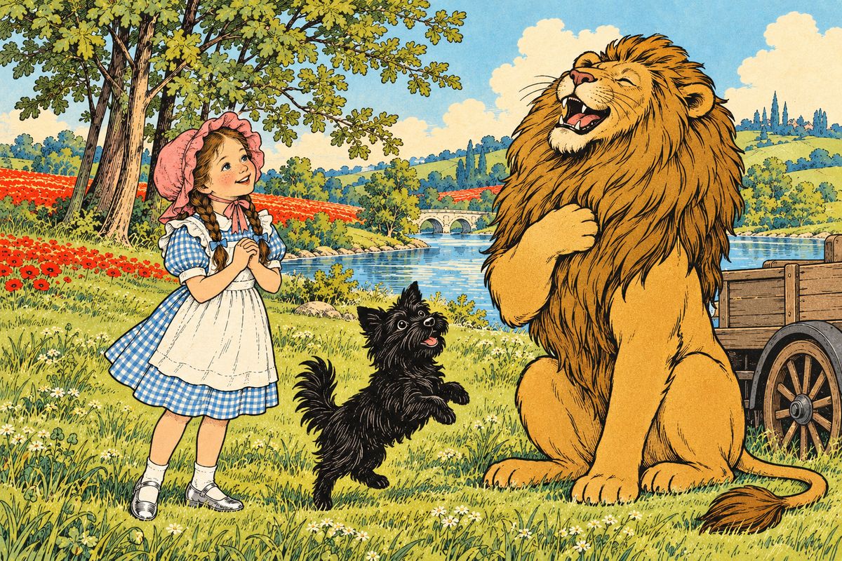 At last the Cowardly Lion woke, rolled off the mice's little truck and yawned. When they told him the field mice had saved him, he laughed. "Such little things as flowers came near to killing me, and such small animals as mice have saved my life. How strange it all is!"