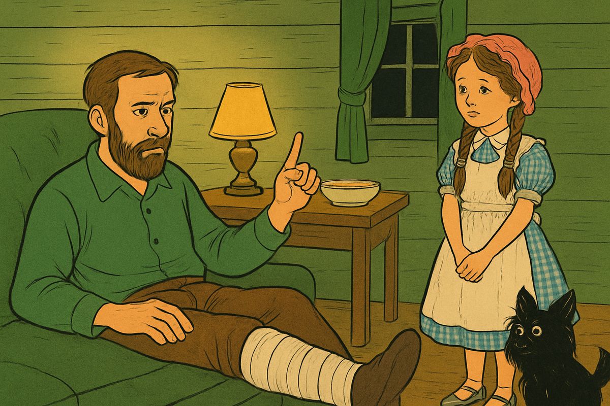 Back on the yellow brick road, the fences and houses turned green, and the shy green country folk peeped from their doors. A farm family took them in for the night, but the father, lying hurt on his couch, warned them: "I have never been permitted to see the Great Oz, nor do I know of any living person who has seen him."