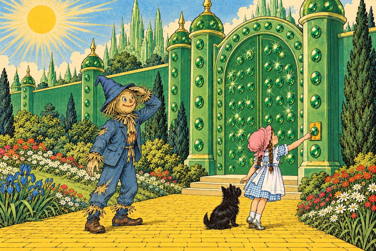 In the morning they saw a beautiful green glow in the sky, and it grew brighter as they walked. By afternoon they reached a high green wall and a great gate studded with emeralds that glittered so brightly even the Scarecrow's painted eyes were dazzled. Dorothy pushed the bell and heard a silvery tinkle within.