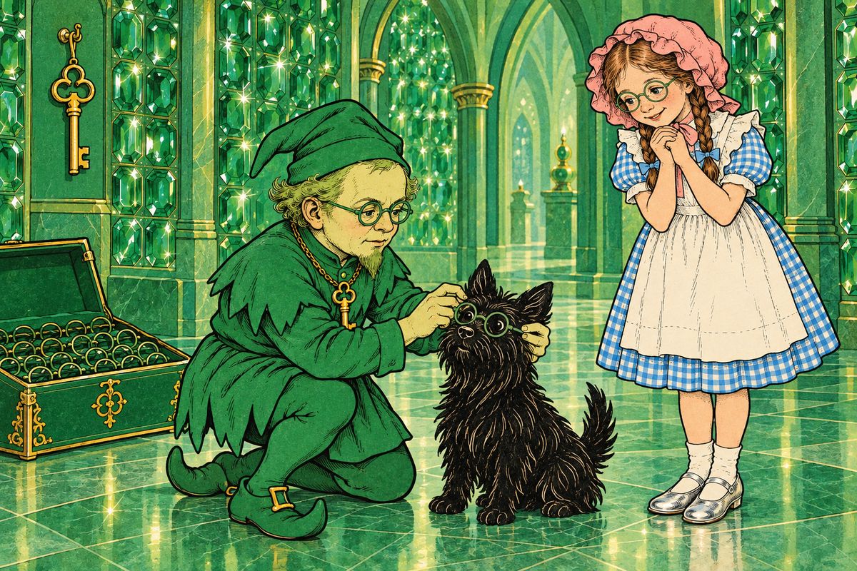 Inside, the little Guardian of the Gates warned that the brightness of the city would blind them. From a big green box he fitted everyone with green spectacles and locked the golden bands behind their heads with the key he wore on a chain. He locked a tiny pair even onto little Toto.