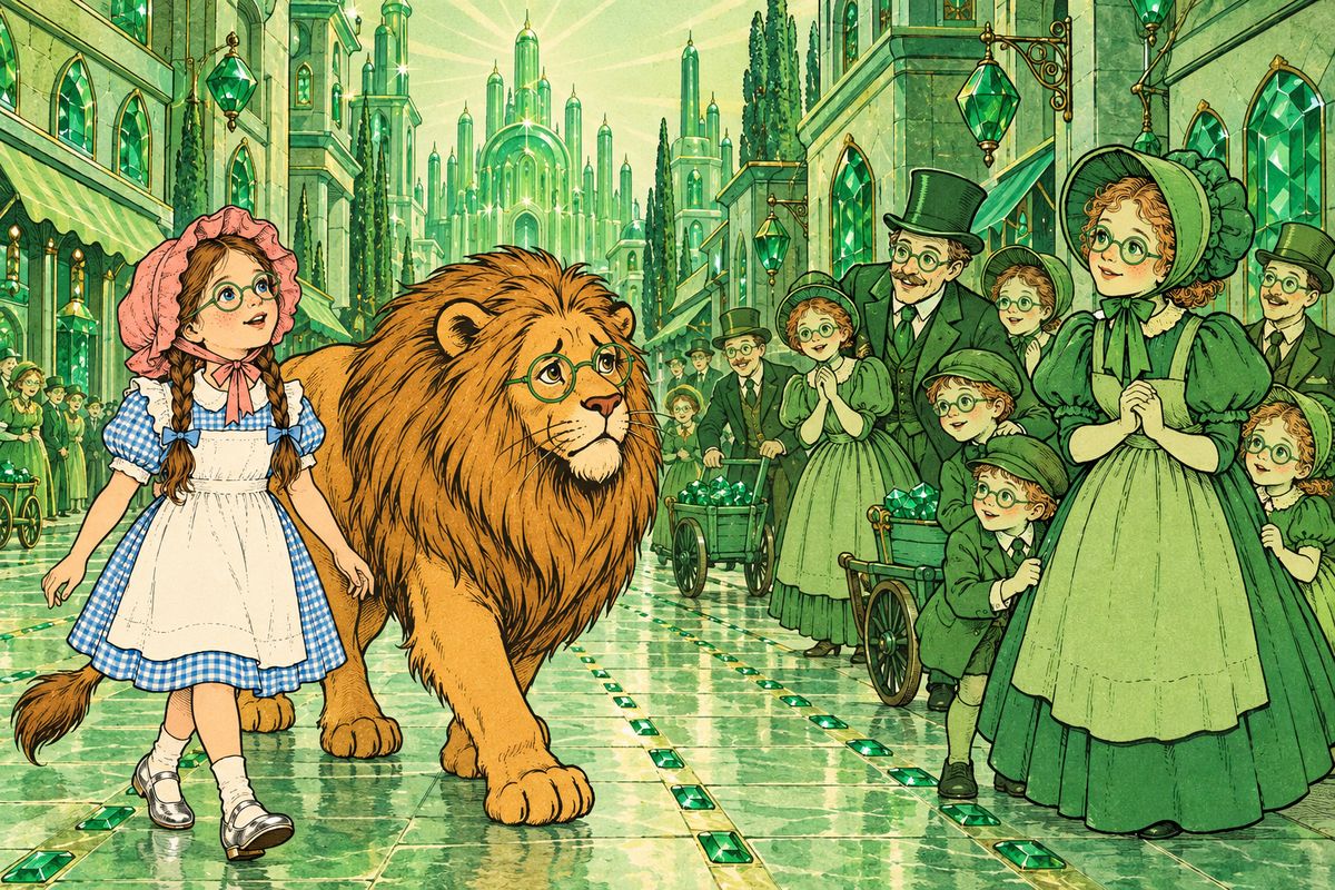 Even through their spectacles, the Emerald City dazzled them. The houses and pavements were green marble set with emeralds, and the people were dressed in green with greenish skin. Shops sold green candy and green popcorn, and Dorothy watched children buy green lemonade with green pennies, though they ran to hide behind their mothers when they saw the Lion.